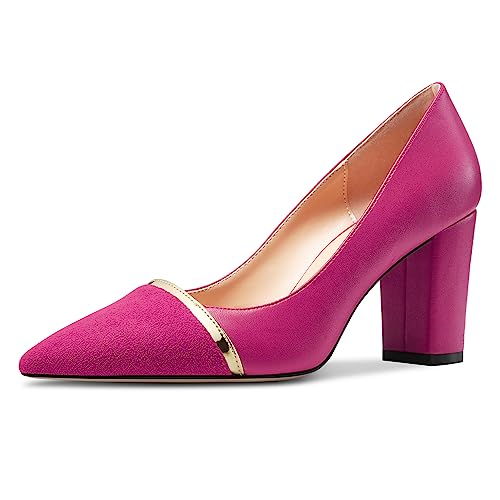 NobleOnly Damen Mittlerem Blockabsatz Absatz Heel Spitze Zehenkappe Slip-on Patchwork Pumps Abschlussball Lässig Party Schuhe 8 cm Heels Magenta 42 EU von NobleOnly