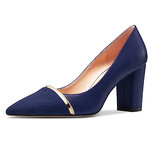 NobleOnly Damen Mittlerem Blockabsatz Absatz Heel Spitze Zehenkappe Slip-on Patchwork Pumps Abschlussball Lässig Party Schuhe 8 cm Heels Marineblau 45 EU von NobleOnly