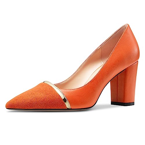 NobleOnly Damen Mittlerem Blockabsatz Absatz Heel Spitze Zehenkappe Slip-on Patchwork Pumps Abschlussball Lässig Party Schuhe 8 cm Heels Orange 40 EU von NobleOnly