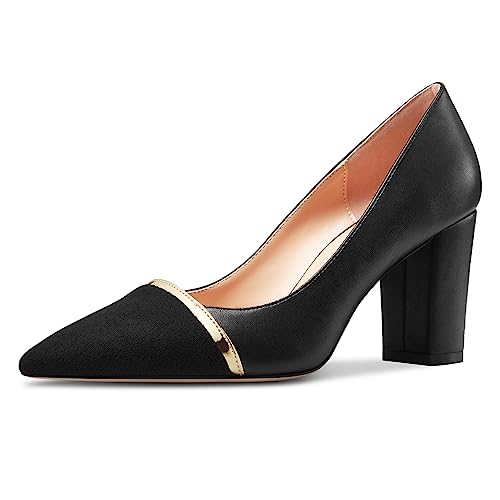 NobleOnly Damen Mittlerem Blockabsatz Absatz Heel Spitze Zehenkappe Slip-on Patchwork Pumps Abschlussball Lässig Party Schuhe 8 cm Heels Schwarz 42 EU von NobleOnly