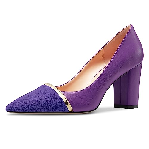NobleOnly Damen Mittlerem Blockabsatz Absatz Heel Spitze Zehenkappe Slip-on Patchwork Pumps Abschlussball Lässig Party Schuhe 8 cm Heels Violett 40 EU von NobleOnly