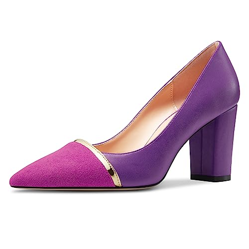 NobleOnly Damen Mittlerem Blockabsatz Absatz Heel Spitze Zehenkappe Slip-on Patchwork Pumps Abschlussball Lässig Party Schuhe 8 cm Heels Violett A 38 EU von NobleOnly