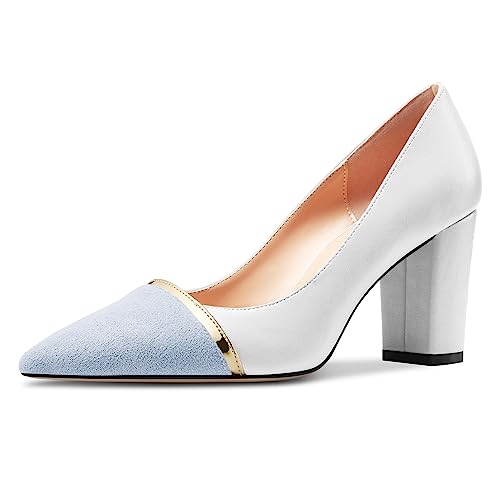 NobleOnly Damen Mittlerem Blockabsatz Absatz Heel Spitze Zehenkappe Slip-on Patchwork Pumps Abschlussball Lässig Party Schuhe 8 cm Heels Weiß 39 EU von NobleOnly