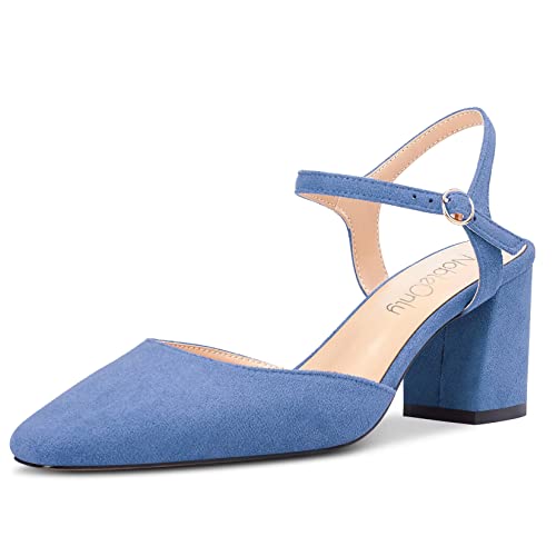 NobleOnly Damen Mittlerem Chunky Blockabsatz Absatz Heel Geschlossene Eckige Zehenkappe Slingback Knöchelriemen Sandalen Party Dress Schuhe 6.5 CM Heels Blau 39 EU von NobleOnly