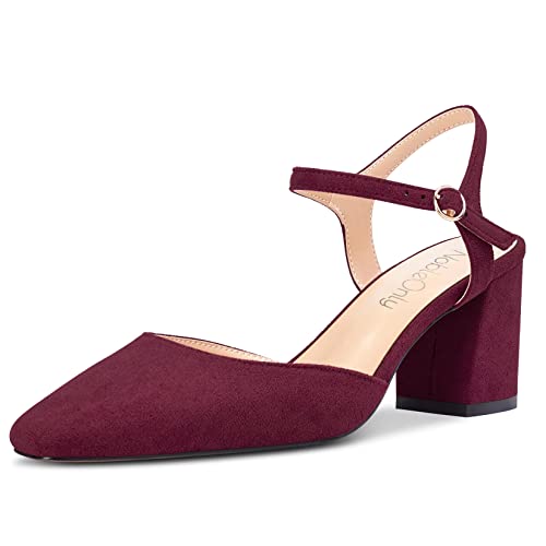 NobleOnly Damen Mittlerem Chunky Blockabsatz Absatz Heel Geschlossene Eckige Zehenkappe Slingback Knöchelriemen Sandalen Party Dress Schuhe 6.5 CM Heels Burgund Rot 38 EU von NobleOnly