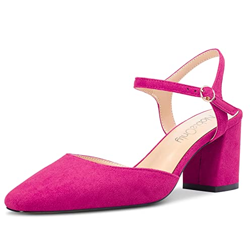 NobleOnly Damen Mittlerem Chunky Blockabsatz Absatz Heel Geschlossene Eckige Zehenkappe Slingback Knöchelriemen Sandalen Party Dress Schuhe 6.5 CM Heels Magenta Rot A 41 EU von NobleOnly