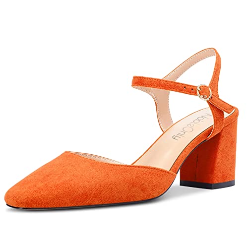 NobleOnly Damen Mittlerem Chunky Blockabsatz Absatz Heel Geschlossene Eckige Zehenkappe Slingback Knöchelriemen Sandalen Party Dress Schuhe 6.5 CM Heels Orange 40 EU von NobleOnly