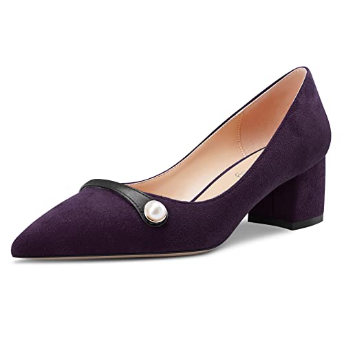 NobleOnly Damen Mittlerem Chunky Blockabsatz Absatz Heel Geschlossene Spitze Zehenkappe Slip-on Pumps Büroschuhe Lässig Party Dress Cute Schuhe 5 cm Heels Violett A 39 EU von NobleOnly