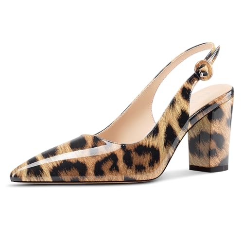 NobleOnly Damen Mittlerem Chunky Blockabsatz Absatz Heel Slingback Pumps Geschlossene Spitze Zehenkappe Dress Slip-on Pumps 8 cm Heels Braun Leopard 40 EU von NobleOnly