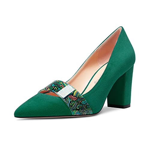 NobleOnly Damen Mittlerem Chunky Blockabsatz Absatz Heel Spitze Zehenkappe Slip-on Büroschuhe Lässig Party Pumps Dress Klassisch Schuhe 8 cm Heels Dunkelgrün 45 EU von NobleOnly