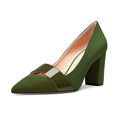 NobleOnly Damen Mittlerem Chunky Blockabsatz Absatz Heel Spitze Zehenkappe Slip-on Büroschuhe Lässig Party Pumps Dress Klassisch Schuhe 8 cm Heels Dunkelgrün A 41 EU von NobleOnly