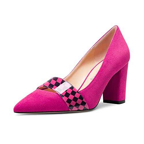 NobleOnly Damen Mittlerem Chunky Blockabsatz Absatz Heel Spitze Zehenkappe Slip-on Büroschuhe Lässig Party Pumps Dress Klassisch Schuhe 8 cm Heels Magenta Rot A 43 EU von NobleOnly