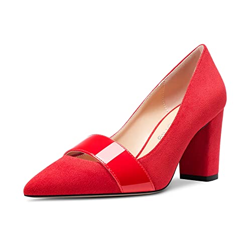 NobleOnly Damen Mittlerem Chunky Blockabsatz Absatz Heel Spitze Zehenkappe Slip-on Büroschuhe Lässig Party Pumps Dress Klassisch Schuhe 8 cm Heels Rot 39 EU von NobleOnly