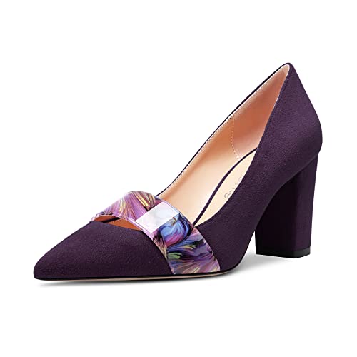 NobleOnly Damen Mittlerem Chunky Blockabsatz Absatz Heel Spitze Zehenkappe Slip-on Büroschuhe Lässig Party Pumps Dress Klassisch Schuhe 8 cm Heels Violett A 42 EU von NobleOnly