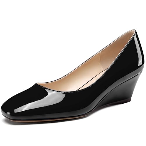 NobleOnly Damen Mittlerem Keilabsatz Absatz Heel Eckige Zehenkappe Slip-on Pumps Lässig Büroschuhe Dress Klassisch Schuhe 5 cm Heels Schwarz 38 EU von NobleOnly