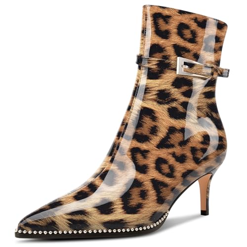 NobleOnly Damen Mittlerem Kitten Absatz Heel Geschlossene Spitze Zehenkappe Stiefeletten Schnalle Reißverschluss Lässig Stiefel 6.5 CM Heels Braun Leopard 38 EU von NobleOnly