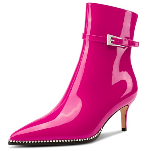 NobleOnly Damen Mittlerem Kitten Absatz Heel Geschlossene Spitze Zehenkappe Stiefeletten Schnalle Reißverschluss Lässig Stiefel 6.5 CM Heels Magenta 36 EU von NobleOnly