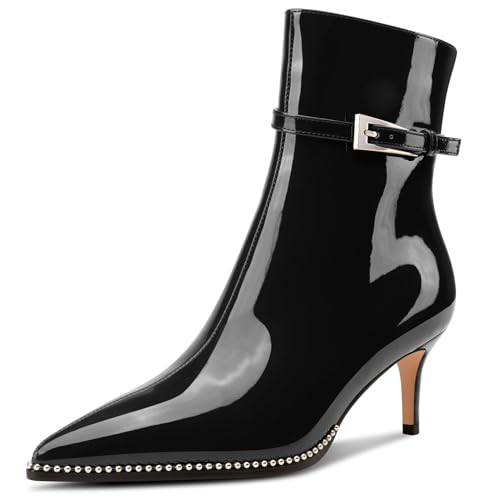 NobleOnly Damen Mittlerem Kitten Absatz Heel Geschlossene Spitze Zehenkappe Stiefeletten Schnalle Reißverschluss Lässig Stiefel 6.5 CM Heels Schwarz 39 EU von NobleOnly