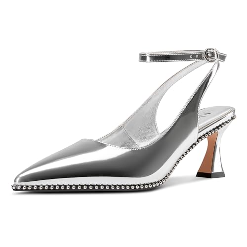 NobleOnly Damen Mittlerem Kitten Absatz Heel Slingback Pumps Spitze Zehenkappe Knöchelriemen Dress Lässig Abschlussball Pumps 6.5 cm Heels Silber 39 EU von NobleOnly