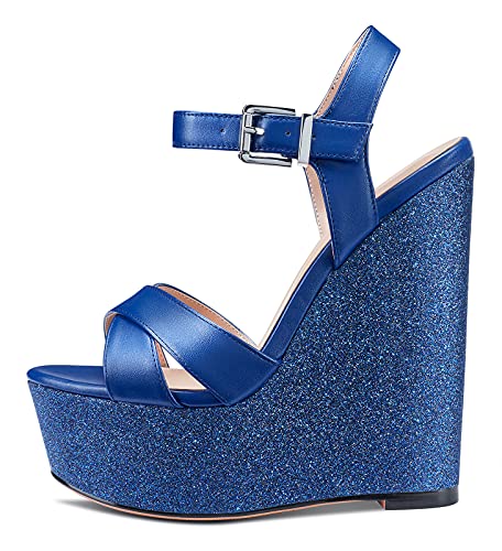 NobleOnly Damen Mode-Sandalen Plattform Keilsandale Peep-Toes Ankle-Strap 16CM Wedge High Heels Blau Glitter Schuhe EU 36 von NobleOnly