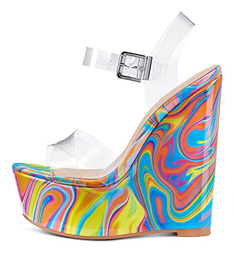 NobleOnly Damen Mode-Sandalen Plattform Keilsandale Peep-Toes Ankle-Strap 16CM Wedge High Heels Mehrfarbig Bunt Transparent Schuhe EU 38 NobleOnly Damen Mode-Sandalen Plattform Keilsandale Peep-Toes Ankle-Strap 16CM Wedge High Heels Mehrfarbig Bunt Transparent Schuhe EU 38 von NobleOnly