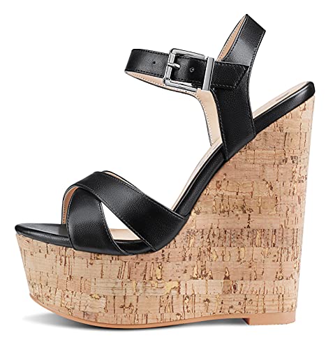 NobleOnly Damen Mode-Sandalen Plattform Keilsandale Peep-Toes Ankle-Strap 16CM Wedge High Heels Schwarz Matte Schuhe EU 37 von NobleOnly