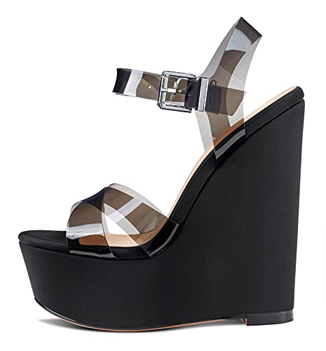 NobleOnly Damen Mode-Sandalen Plattform Keilsandale Peep-Toes Ankle-Strap 16CM Wedge High Heels Schwarz Transparent Schuhe EU 42 von NobleOnly