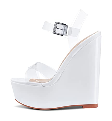 NobleOnly Damen Mode-Sandalen Plattform Keilsandale Peep-Toes Ankle-Strap 16CM Wedge High Heels Weiß Schuhe EU37 von NobleOnly