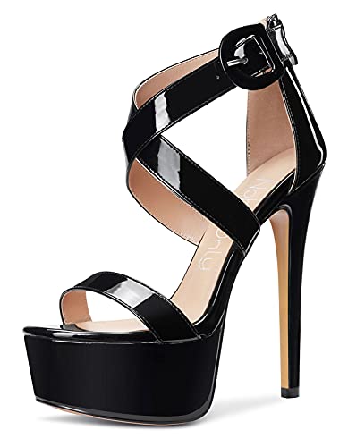 NobleOnly Damen Mode-Sandalen Plattform Peep-Toes Ankle-Strap 15CM Stilettos High Heels Schwarz Lackleder Schuhe EU 38 von NobleOnly