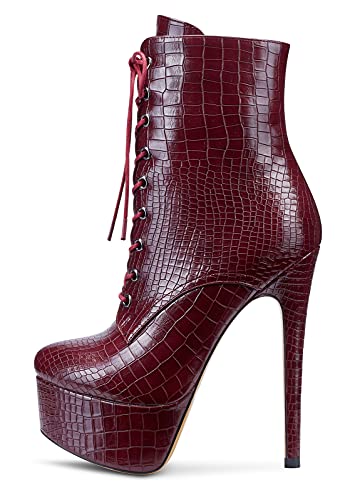 NobleOnly Damen Mode-Stiefel Plattform Stiefeletten Stilettos Boots Knöchelhoch Plateau Reißverschluss 16CM High Heels Rot Burgund Matte Schuhe EU 36 von NobleOnly