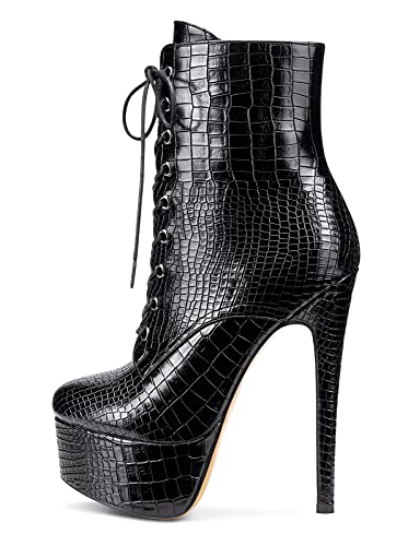 NobleOnly Damen Mode-Stiefel Plattform Stiefeletten Stilettos Boots Knöchelhoch Plateau Reißverschluss 16CM High Heels Schwarz Matte Schuhe EU 39 von NobleOnly