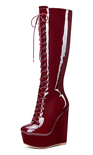 NobleOnly Damen Mode-Stiefel Plattform Wedge Mid Calf Boots Reißverschluss Wadenhoch 16CM High Heels Rot Burgund Lackleder Schuhe EU 41 von NobleOnly