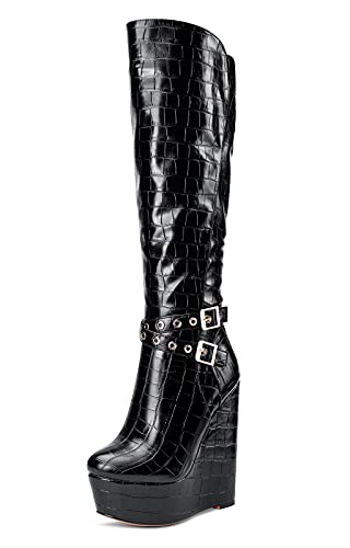 NobleOnly Damen Mode-Stiefel Plattform Wedge Mid Calf Boots Reißverschluss Wadenhoch 16CM High Heels Schwarz Gitter Schuhe EU 42 von NobleOnly