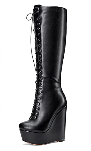 NobleOnly Damen Mode-Stiefel Plattform Wedge Mid Calf Boots Reißverschluss Wadenhoch 16CM High Heels Schwarz Matte Schuhe EU 36 von NobleOnly