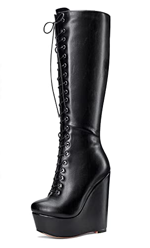 NobleOnly Damen Mode-Stiefel Plattform Wedge Mid Calf Boots Reißverschluss Wadenhoch 16CM High Heels Schwarz Matte Schuhe EU 39 von NobleOnly