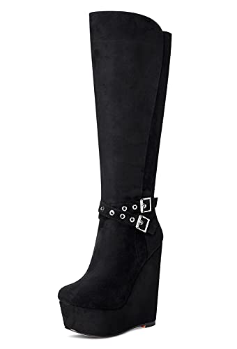 NobleOnly Damen Mode-Stiefel Plattform Wedge Mid Calf Boots Reißverschluss Wadenhoch 16CM High Heels Schwarz Taste Schuhe EU 43 von NobleOnly