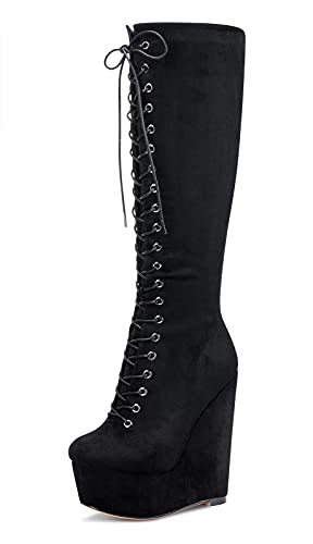 NobleOnly Damen Mode-Stiefel Plattform Wedge Mid Calf Boots Reißverschluss Wadenhoch 16CM High Heels Schwarz Wildleder Schuhe EU 35 von NobleOnly