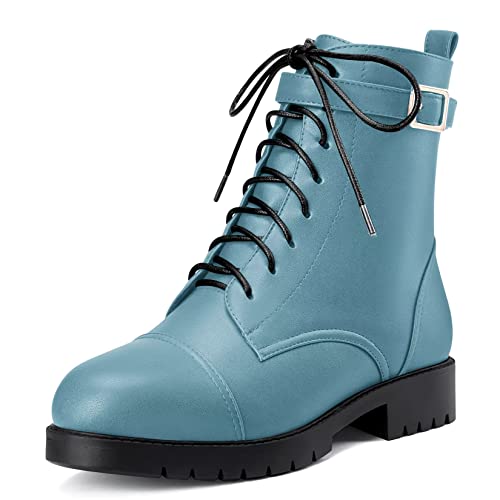 NobleOnly Damen Niedrige Chunky Blockabsatz Absatz Heel Runde Zehenkappe Schnüren Schnürung Reißverschluss Stiefeletten Büroschuhe Klassisch Schuhe Hellblau 39 EU von NobleOnly