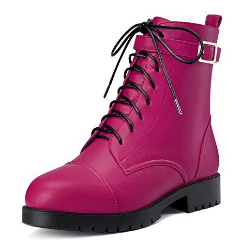 NobleOnly Damen Niedrige Chunky Blockabsatz Absatz Heel Runde Zehenkappe Schnüren Schnürung Reißverschluss Stiefeletten Büroschuhe Klassisch Schuhe Magenta Rot 39 EU von NobleOnly