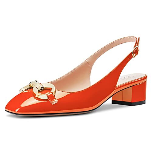 NobleOnly Damen Niedrige Chunky Blockabsatz Kitten Absatz Heel Eckige Zehenkappe Sandalen Knöchelriemen Slingback Slip-on Pumps Hochzeit Party Dress Schuhe Orange A 40 EU von NobleOnly