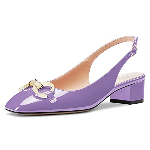 NobleOnly Damen Niedrige Chunky Blockabsatz Kitten Absatz Heel Eckige Zehenkappe Sandalen Knöchelriemen Slingback Slip-on Pumps Hochzeit Party Dress Schuhe Violett 36 EU von NobleOnly