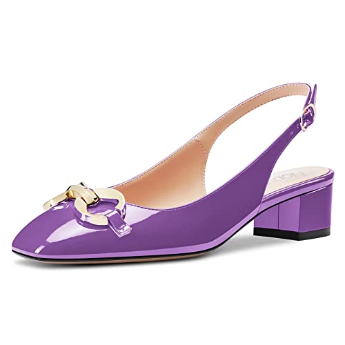 NobleOnly Damen Niedrige Chunky Blockabsatz Kitten Absatz Heel Eckige Zehenkappe Sandalen Knöchelriemen Slingback Slip-on Pumps Hochzeit Party Dress Schuhe Violett A 38 EU von NobleOnly