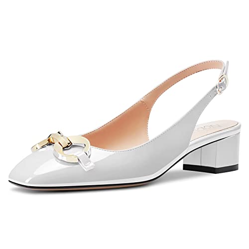 NobleOnly Damen Niedrige Chunky Blockabsatz Kitten Absatz Heel Eckige Zehenkappe Sandalen Knöchelriemen Slingback Slip-on Pumps Hochzeit Party Dress Schuhe Weiß 38 EU von NobleOnly