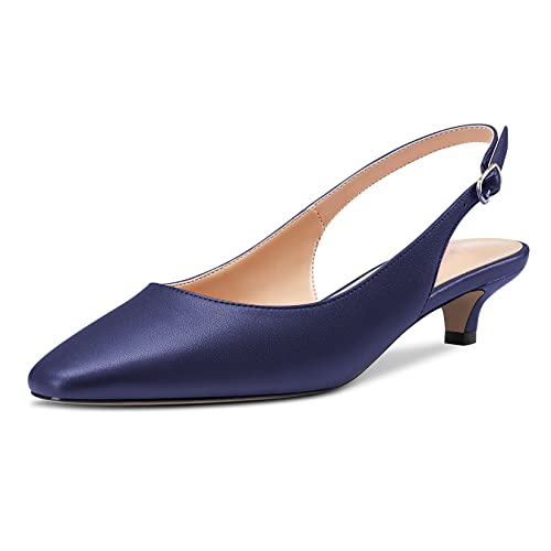 NobleOnly Damen Niedrige Kitten Absatz Heel Eckige Zehenkappe Slingback Pumps Slip-on Büroschuhe Cute Dress 3.5 CM Heels Sandalen Navy Blau Matt 42 EU von NobleOnly