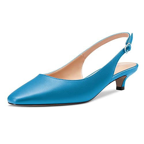NobleOnly Damen Niedrige Kitten Absatz Heel Eckige Zehenkappe Slingback Pumps Slip-on Büroschuhe Cute Dress 3.5 cm Heels Sandalen Blau 41 EU von NobleOnly