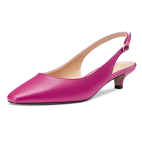 NobleOnly Damen Niedrige Kitten Absatz Heel Eckige Zehenkappe Slingback Pumps Slip-on Büroschuhe Cute Dress 3.5 cm Heels Sandalen Magenta Rot 41 EU von NobleOnly
