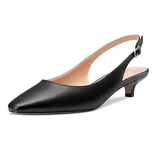 NobleOnly Damen Niedrige Kitten Absatz Heel Eckige Zehenkappe Slingback Pumps Slip-on Büroschuhe Cute Dress 3.5 cm Heels Sandalen Schwarz Matt 41 EU von NobleOnly