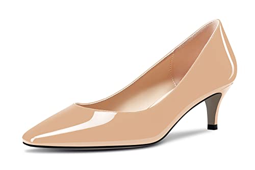 NobleOnly Damen Niedrige Kitten Absatz Heel Geschlossene Eckige Zehenkappe Slip-on Pumps Klassisch Cute Dress Hochzeit Party Schuhe 5 cm Heels Beige 41 EU von NobleOnly