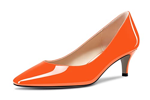 NobleOnly Damen Niedrige Kitten Absatz Heel Geschlossene Eckige Zehenkappe Slip-on Pumps Klassisch Cute Dress Hochzeit Party Schuhe 5 cm Heels Orange 38 EU von NobleOnly