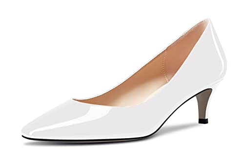 NobleOnly Damen Niedrige Kitten Absatz Heel Geschlossene Eckige Zehenkappe Slip-on Pumps Klassisch Cute Dress Hochzeit Party Schuhe 5 cm Heels Weiß 41 EU von NobleOnly